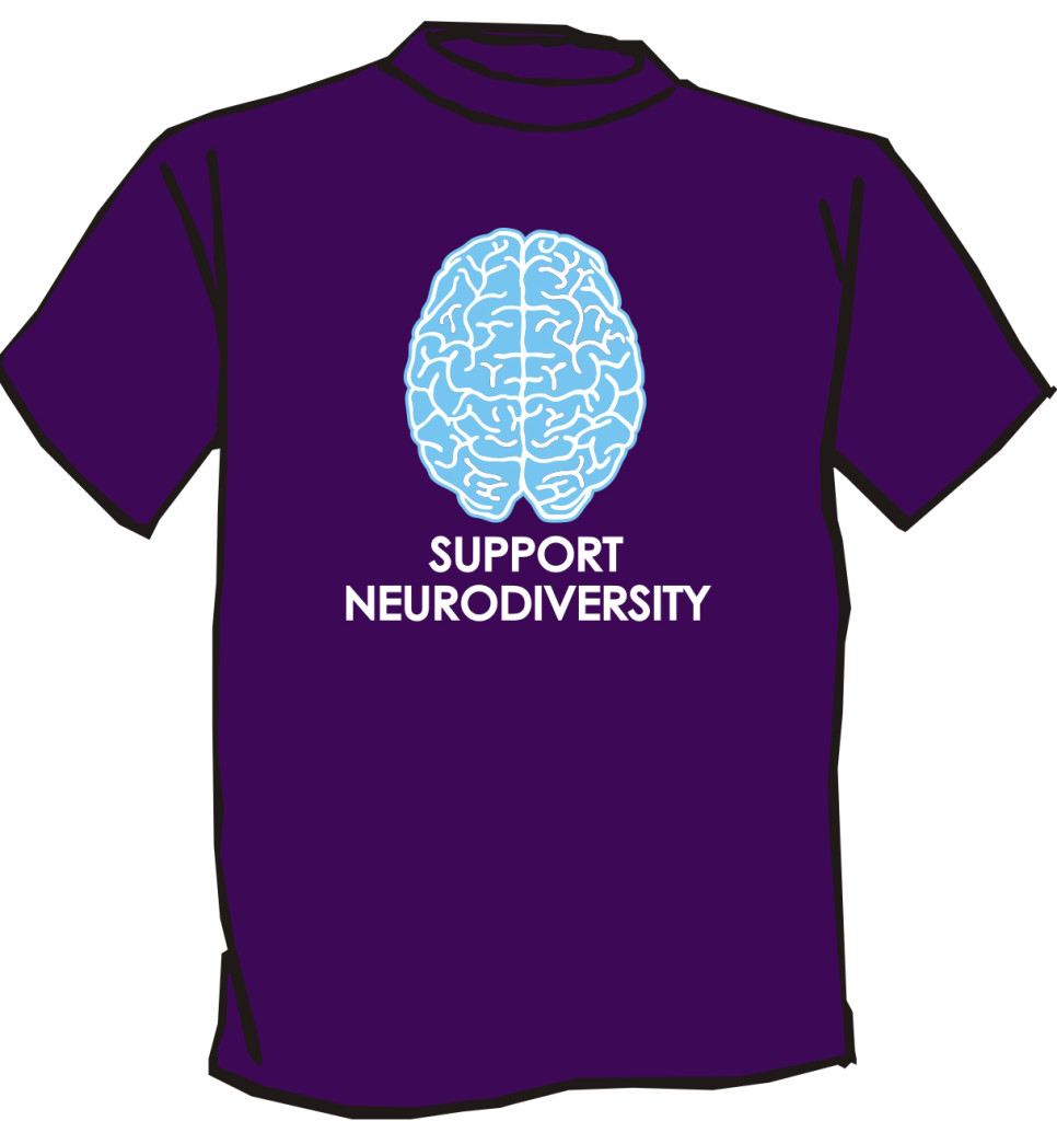Purple T-shirt with a drawing of a light blue brain over the words "Support Neurodiversity"